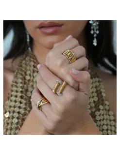 Outlet Anillo Oro Amarillo-Blanco Y Titanio Con Diamantes Para Ella | Piezas Únicas