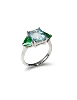 Outlet Anillo Oro Blanco, Aguamarina y Tsavoritas Anillos | Para Ella