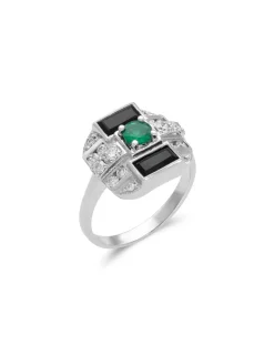 Hot Anillo Oro Blanco, Esmeralda, Ónix Y Diamantes Para Ella | Anillos