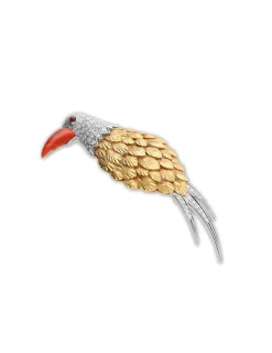 Online Broche Oro Amarillo-Blanco, Rubí, Diamantes Y Coral Para Ella | Piezas Únicas