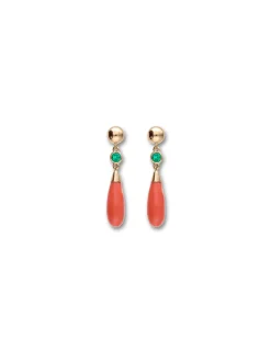 Clearance Pendientes Oro Amarillo, Esmeralda Y Coral Para Ella | Pendientes