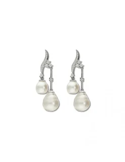 Clearance Pendientes Oro Blanco, Diamantes Y Perlas Para Ella | Pendientes