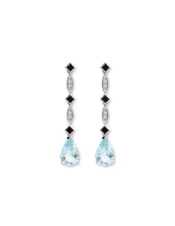 Sale Pendientes Oro Blanco, Diamantes, Ónix Y Aguamarina Para Ella | Pendientes