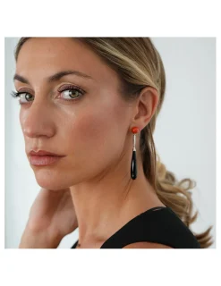 Hot Pendientes Oro Blanco, Diamantes, Coral Y Ónix Para Ella | Pendientes