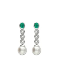 Fashion Pendientes Oro Blanco, Esmeralda, Diamantes Y Perla Australiana Para Ella | Pendientes