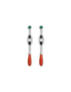 Fashion Pendientes Oro Blanco, Esmeralda, Diamantes, Ónix Y Coral Para Ella | Pendientes