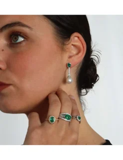 Fashion Pendientes Oro Blanco, Esmeralda, Diamantes Y Perla Australiana Para Ella | Pendientes