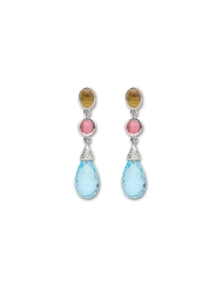 Clearance Pendientes Oro Blanco, Turmalinas, Diamantes Y Topacio Para Ella | Pendientes